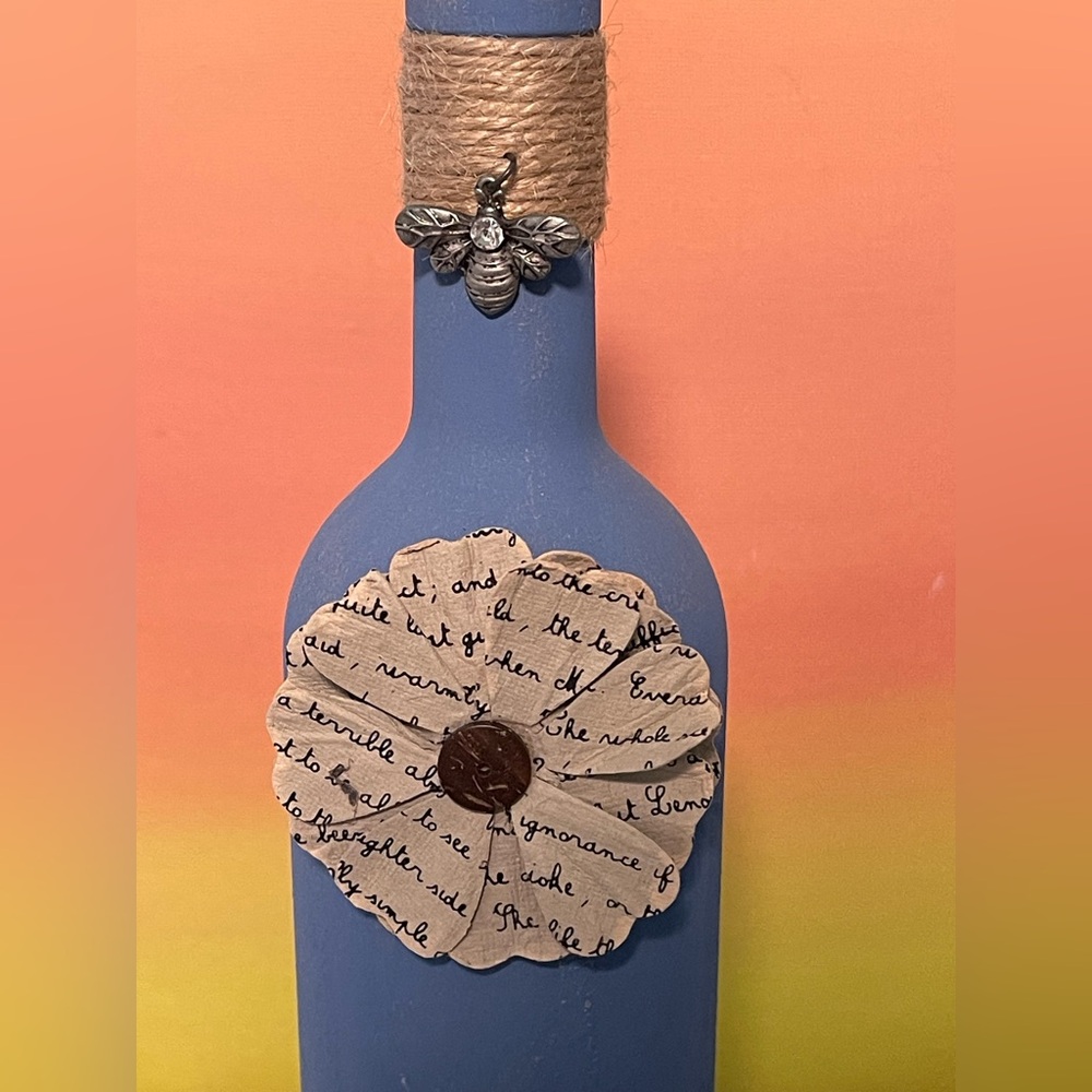 Decorative Blue Denim Inspired Bottle with Flower & Bee Charm Accent - Picture 3 of 4